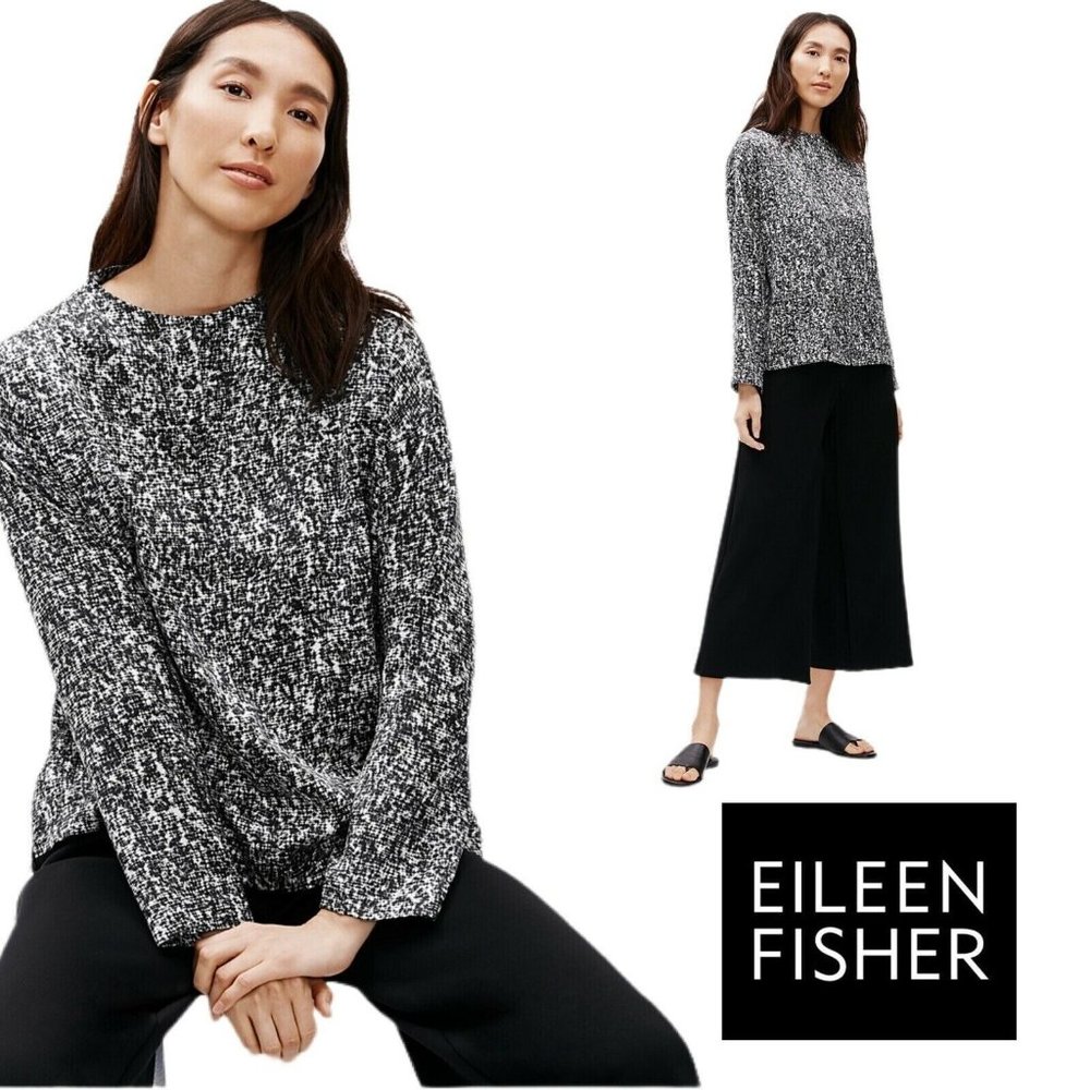 EILEEN FISHER Large White w/ Black Bramble Prism Silk/Cotton Box Top LS Blouse